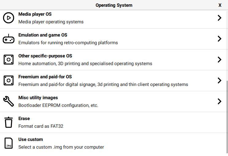 Raspberry Pi Imager select operating system interface