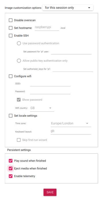 Raspberry Pi Imager modify configuration options interface